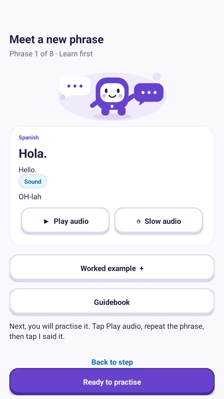 Learn2Speak Spanish phrase teaching card with audio playback and an example.
