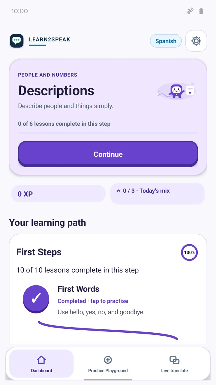 Learn2Speak Spanish learning path with lesson cards and daily activity progress.