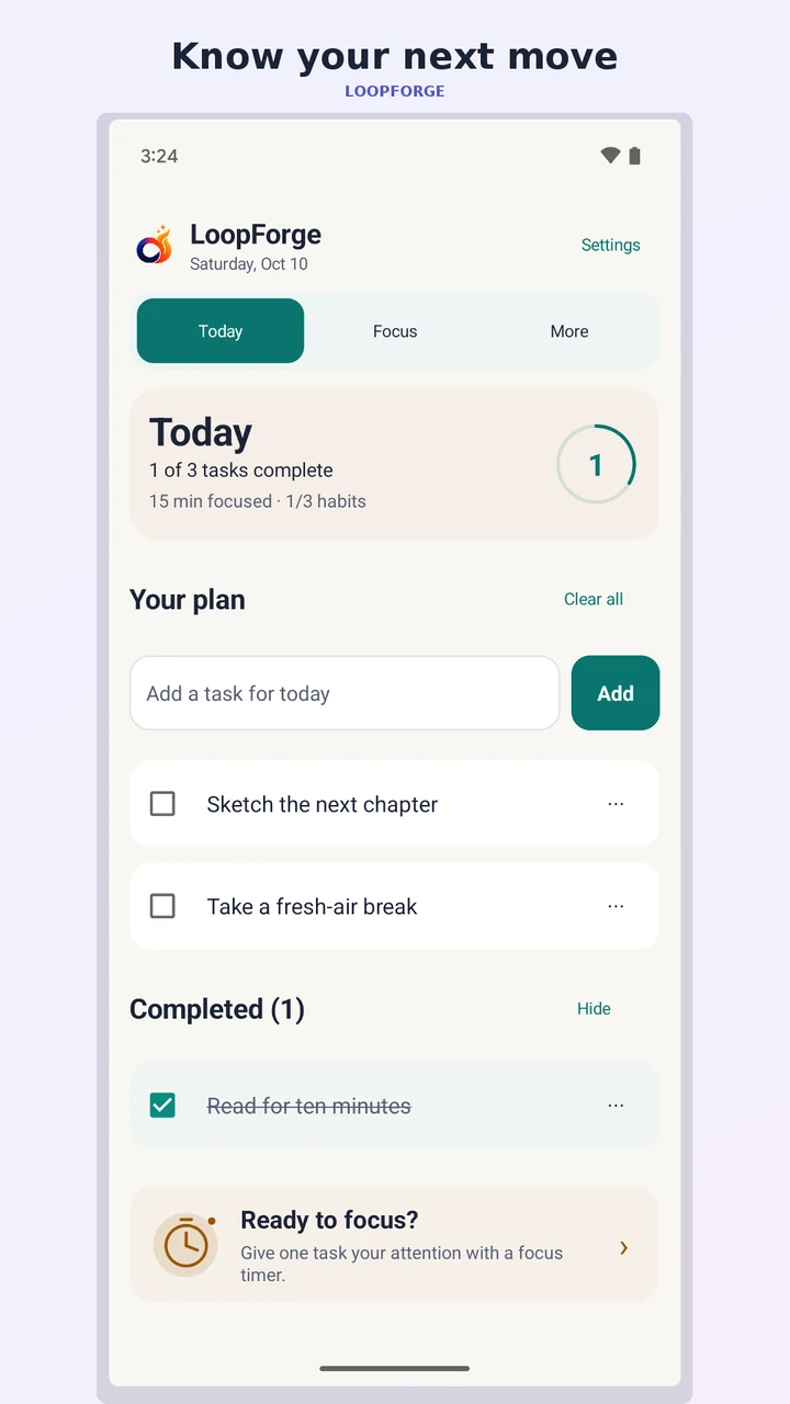 LoopForge Today screen with a daily task list and a next focus action.