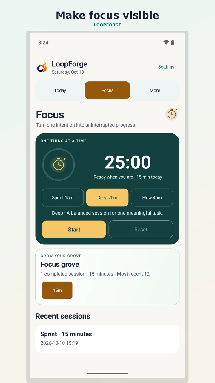 LoopForge focus timers and a visual focus grove.