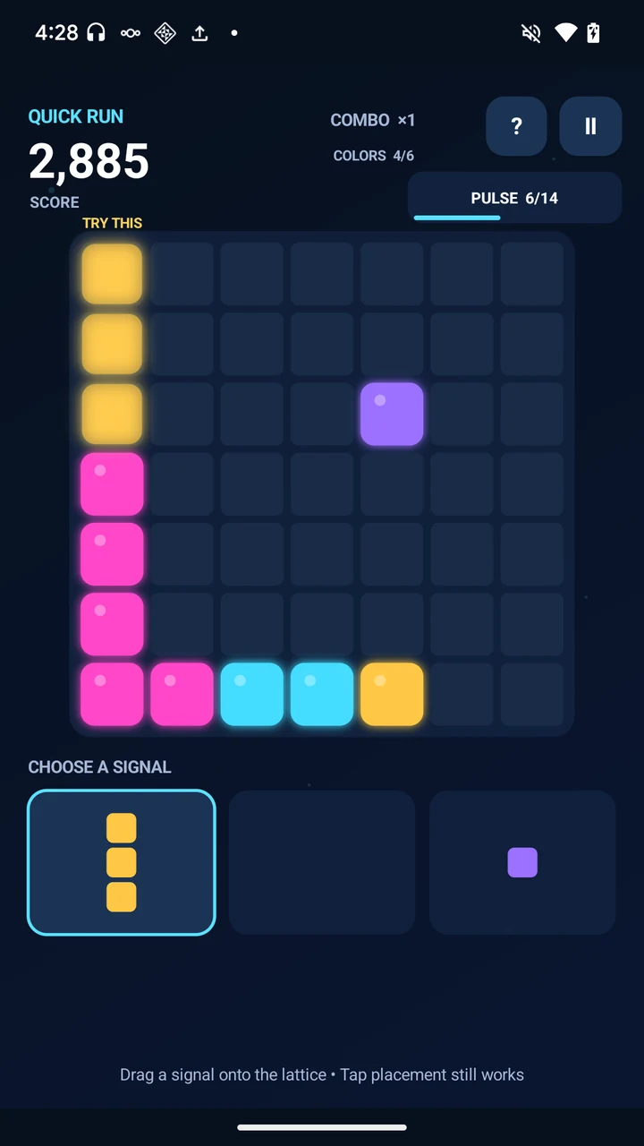 Nova Lattice Quick Run showing an energy-block puzzle board.