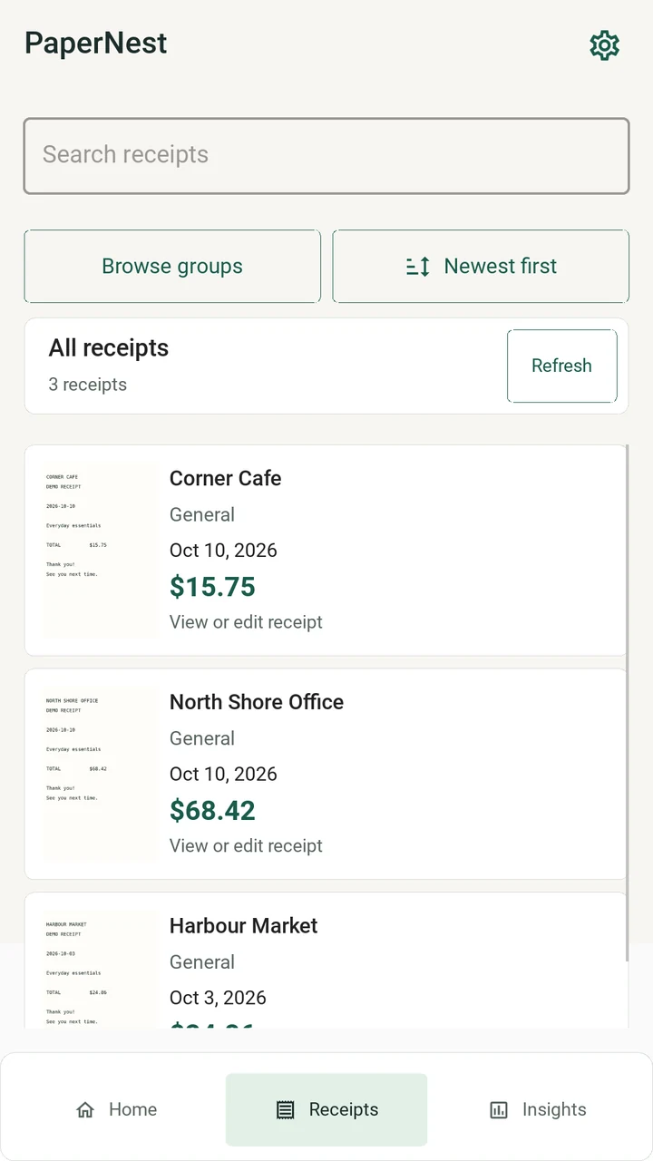 PaperNest receipt library with sample merchants, dates and totals.